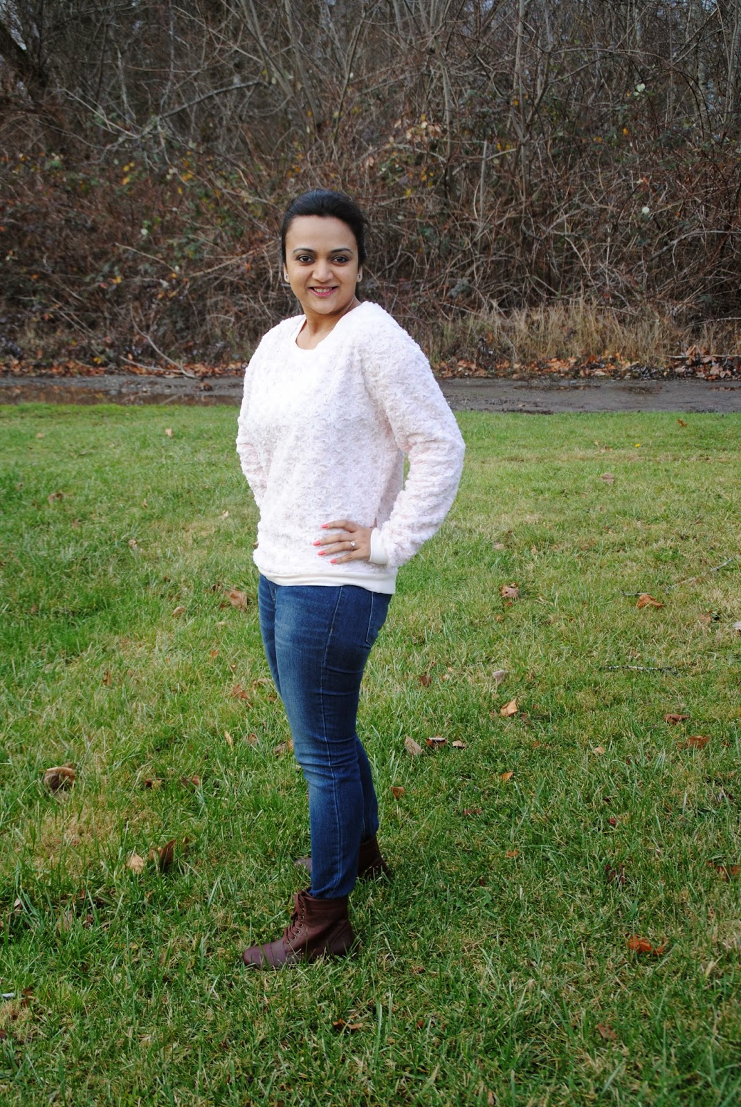 Peach Sweater with blue shaded denims,Peaches and Roses, Seattle Indian Fashion Bloggers, Seattle Winter Wear, Ananya Kiran, Indian Women Styling Options , Sweaters and Jeans