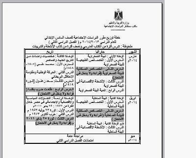 توزيع منهج الدراسات للصف السادس الابتدائى الترم الثانى 2014 بعد التعديل المنهاج مصر
