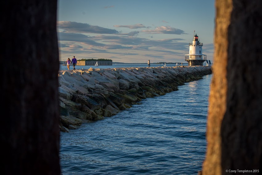 South Portland, Maine USA Spring Point Ledge Lighthouse and Fort Gorges in Casco Bay. July 2015 Summer. Photo by Corey Templeton.