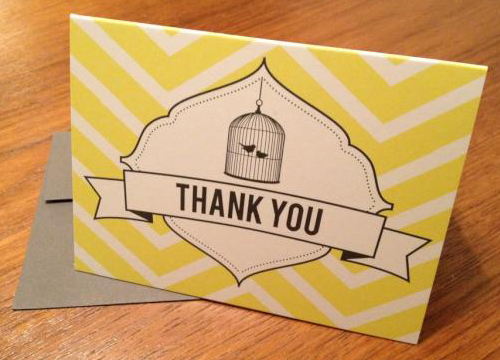 Danielle wojtyniak yellow and white thank you cards with birdcage and birds in design