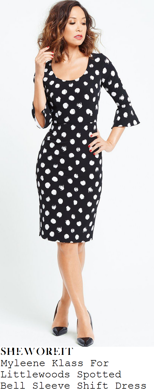 myleene-klass-black-white-spot-polka-dot-bell-sleeve-scoop-neck-pencil-dress