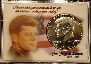 Kennedy profile and 50 cent coin