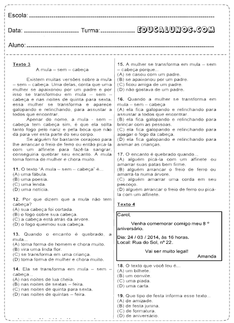 Atividades de interpretação de texto com o tema: A mula sem cabeça