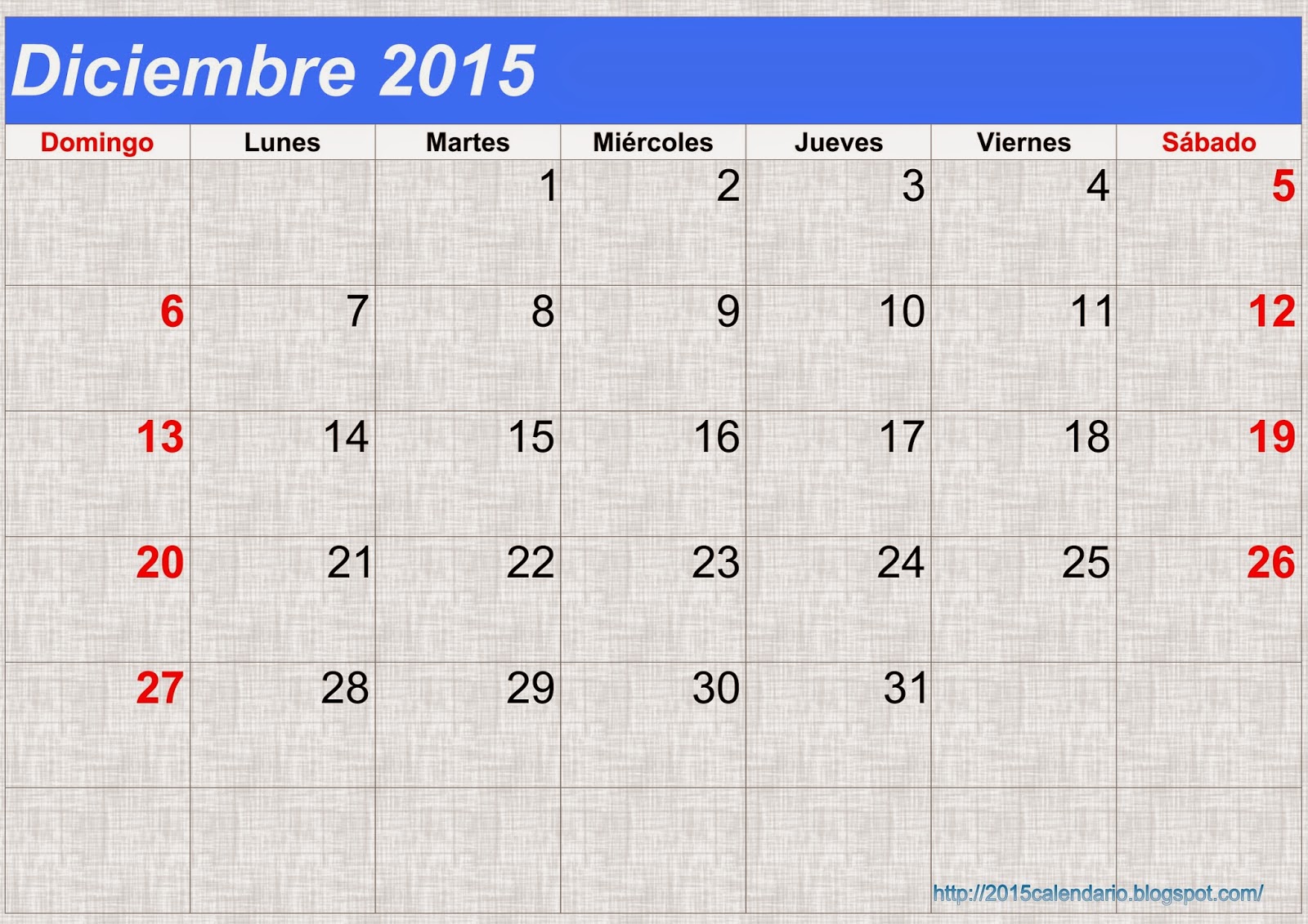 calendario diciembre 2015 para imprimir