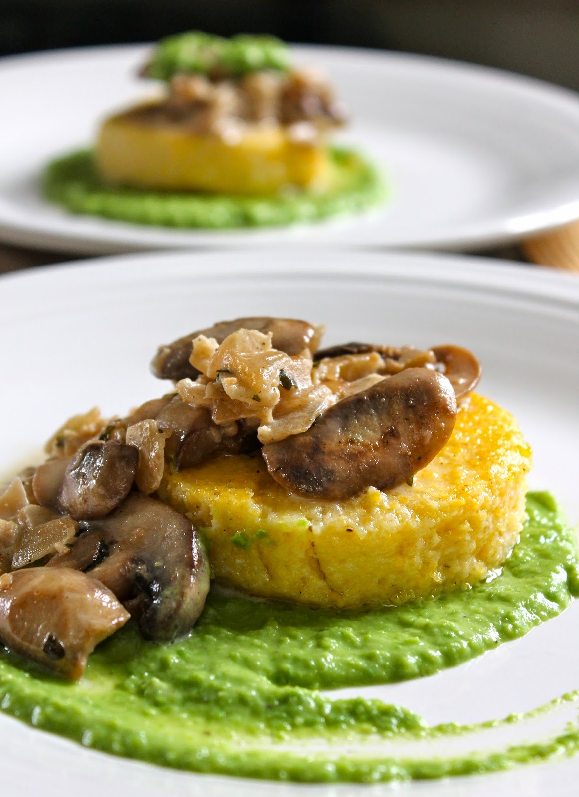 fried polenta squares with creamy mushroom ragu