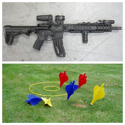 Juxtaposed photos of a Bushmaster assault rifle and a set of lawn darts