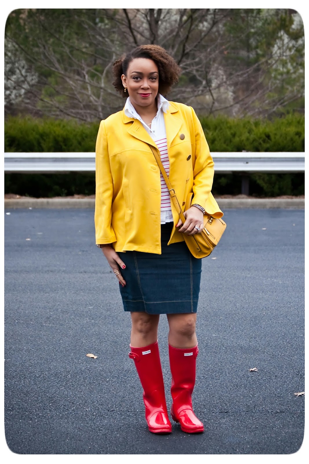 Rainy Day Outfit | Yellow Trench Jacket and Red Hunter Boots - Erica B.'s - DIY Style!