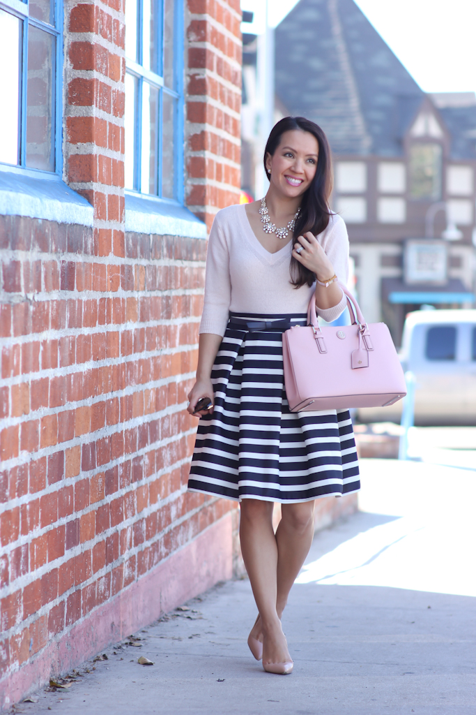 Chicwish striped tulip skirt and blush sweater 4 navy striped skirt pink v-neck sweater kate spade new york bow belt tory burch mini robinson double zip tote rose sachet nude pumps