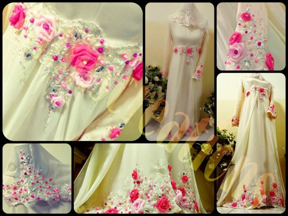 baju dress pengantin muslimah dengan motif bunga