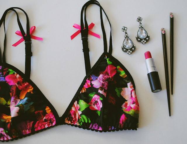 Handmade Floral Bra paired with MAC lipstick and some cute chopsticks