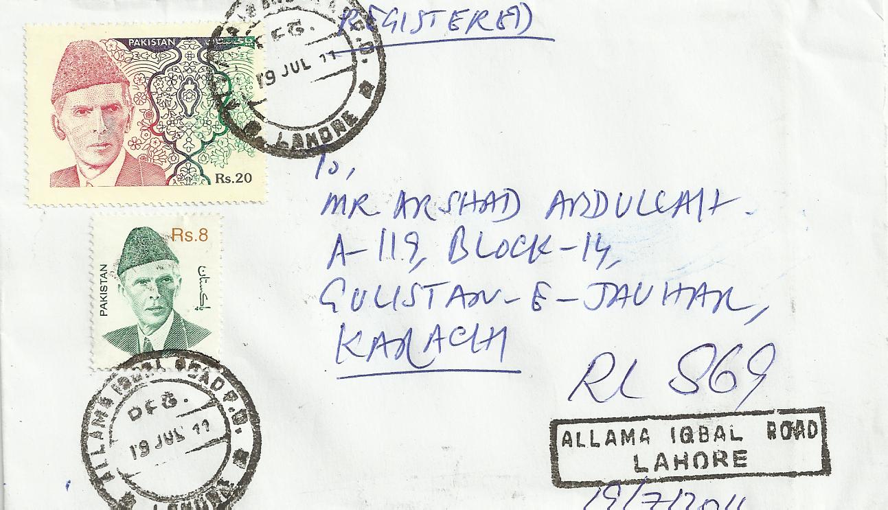 . Post Marks of Allama Iqbal Road, Lahore P.O.