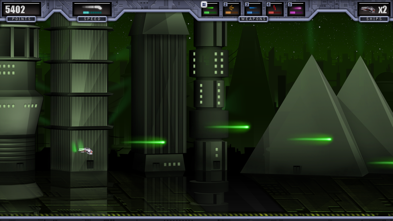 Testing the Alien city - a predominantly green level, for its compatibility with the player's green lasers.