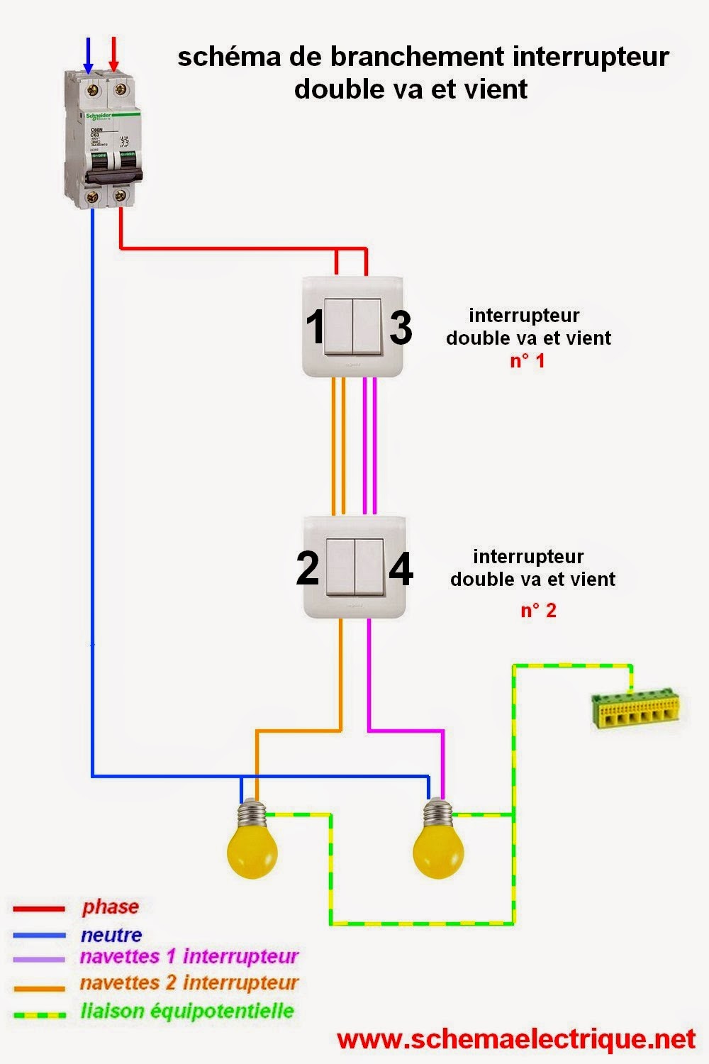 Comment brancher un va-et-vient avec 2 interrupteurs? Schémas de  branchement - Tests & Jeux éducatifs en ligne