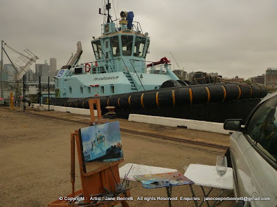 Marine painting- plein air oil painting of tug in Sydney Harbour by marine artist Jane Bennett