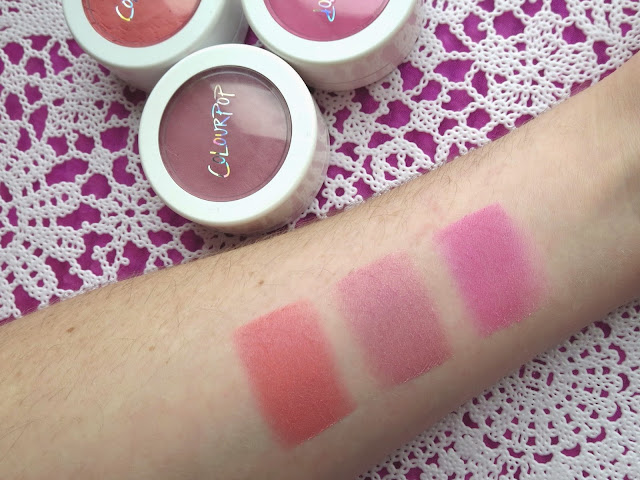 a picture of Colourpop Cosmetics Blush in Prenup, Mochi, Holiday (swatch)