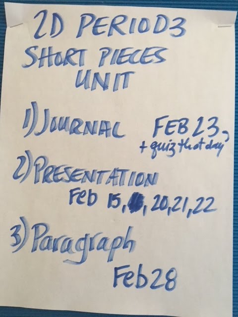 Due Dates for Short Pieces Unit