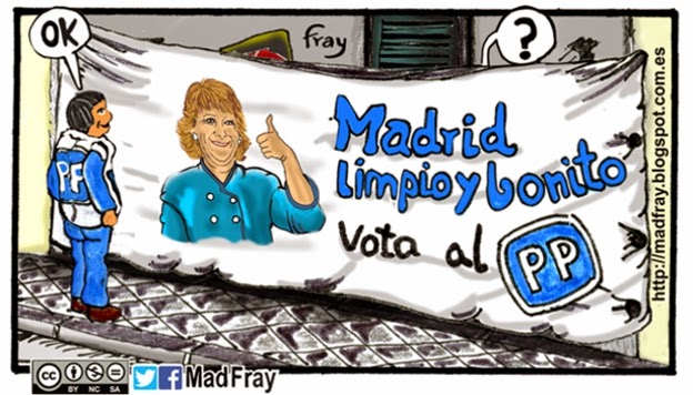 Viñetas: Esperanza Aguirre, candidata al ayuntamiento de Madrid por el Partido Popular quiere prohibir que la gente duerma en las calles porque; “ahuyenta a los turistas”