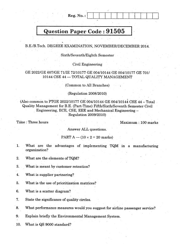 mg1401 total quality management question papers mg1401 total quality management question papers