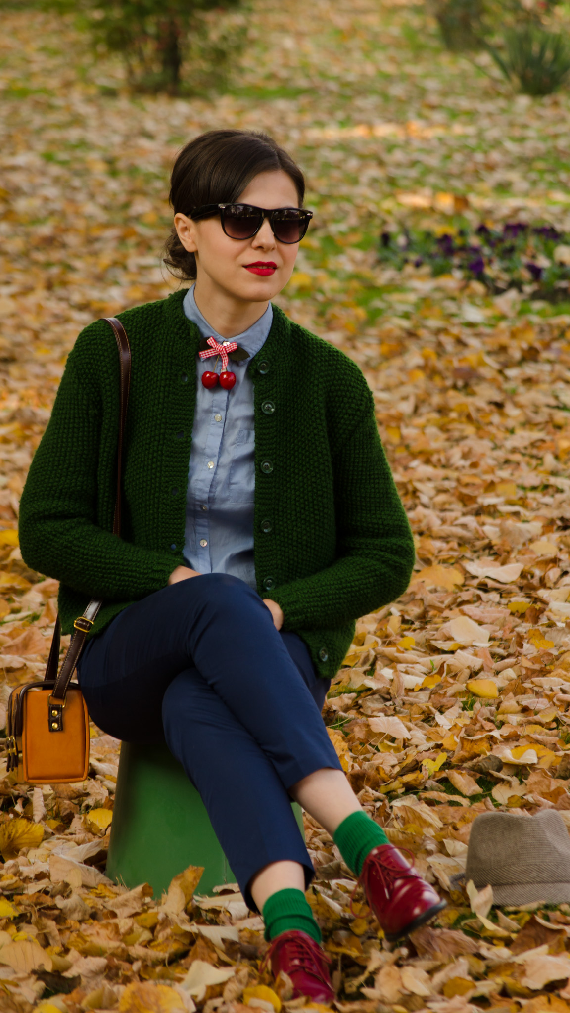 navy blue pants knitted green sweater shirt mustard square bag cherries h&m thrifted  burgundy man shoes oxford 