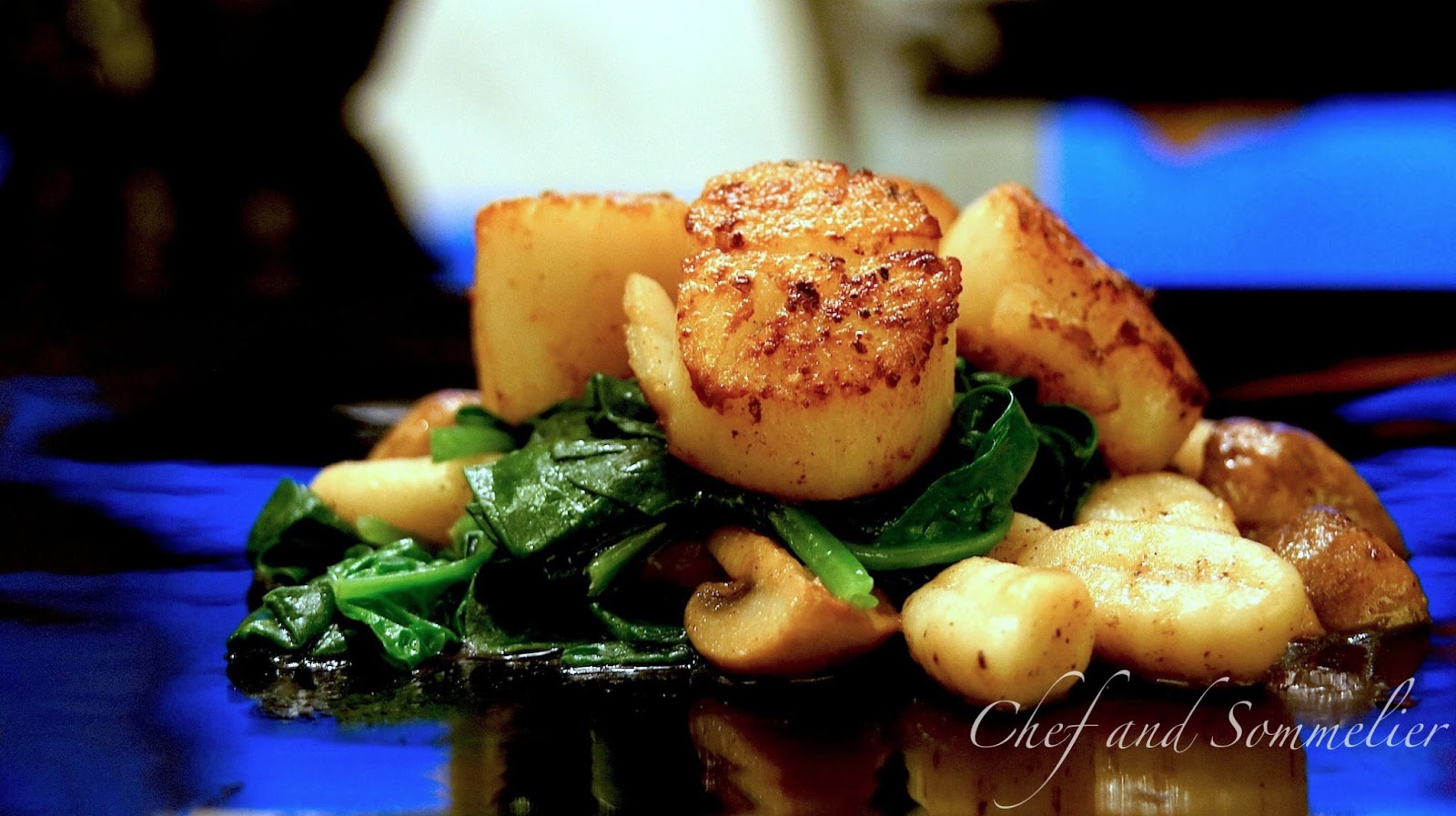 Chef and Sommelier Scallops with Spinach and Mushroom Gnocchi