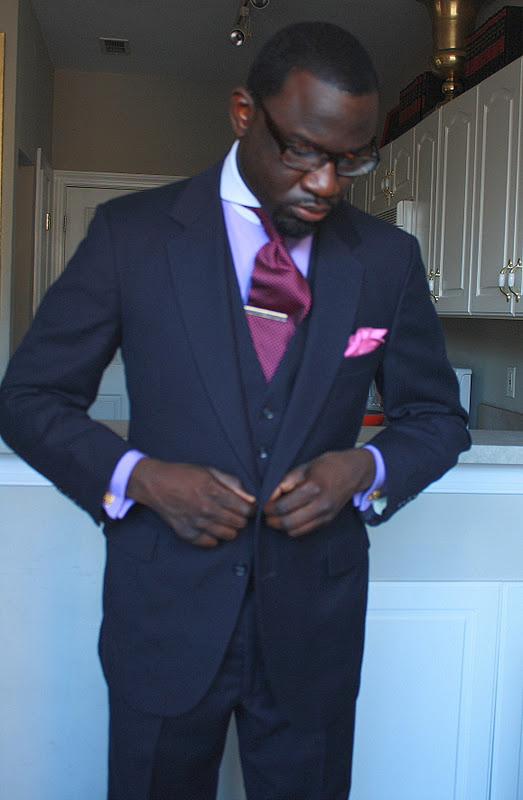thrifting 3 piece navy wool suit Rashon Carraway