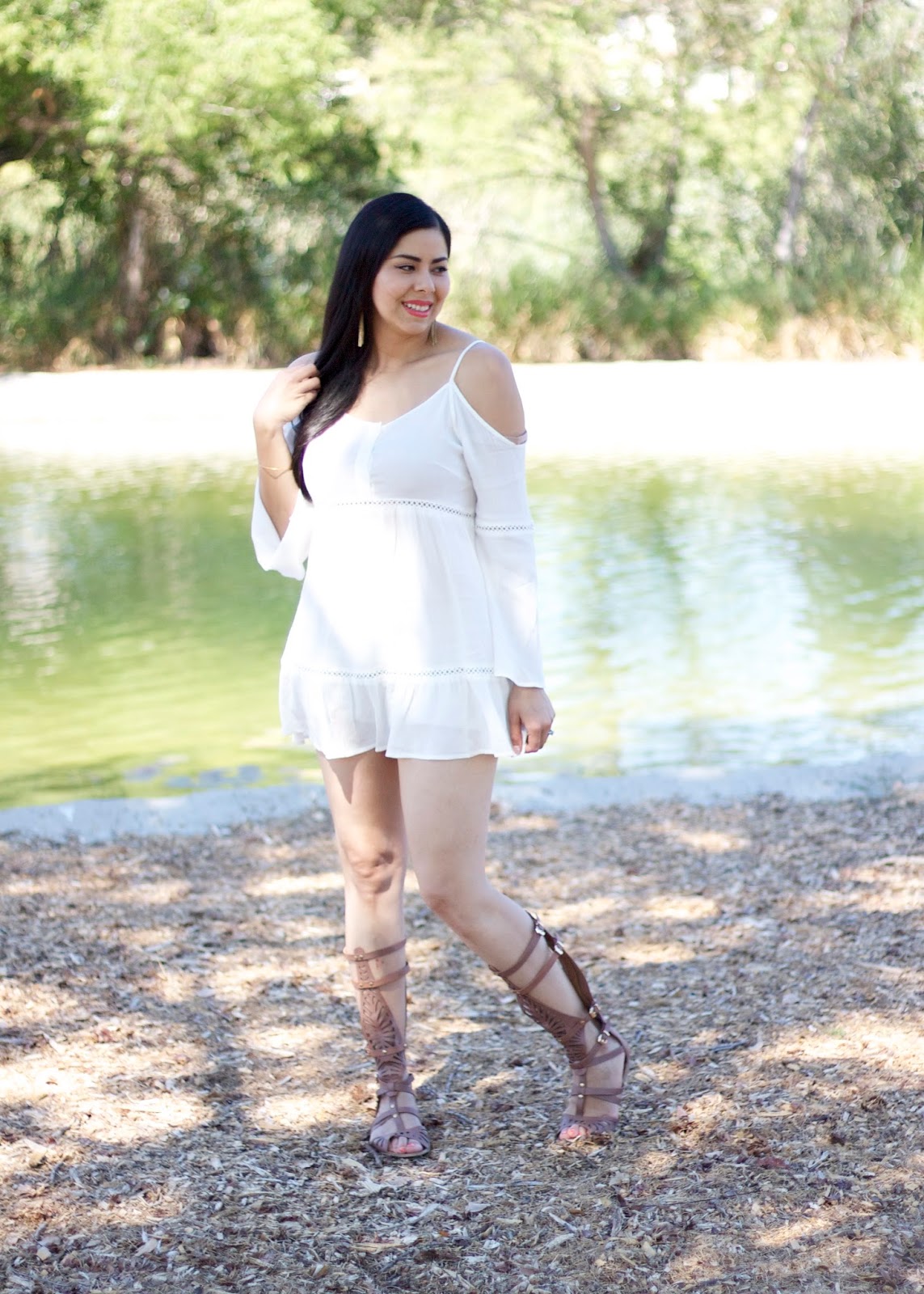 San Diego Fashion Blogger Gladiator Sandals outfit, cold shoulder dress, black haired blogger, california blogger