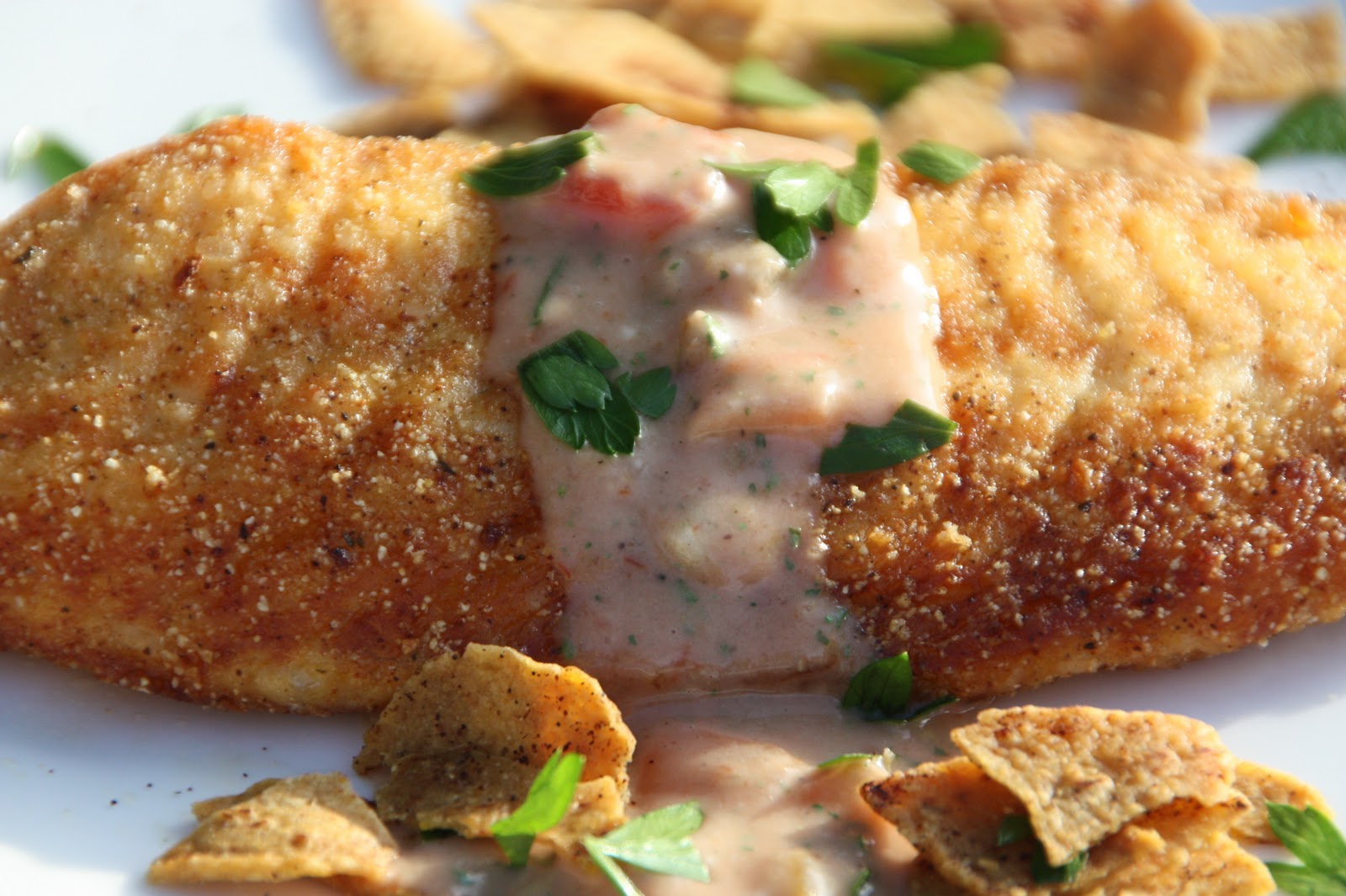 EVERYDAY SISTERS Corn Meal Crusted Tilapia with Spiced Tortilla Chips