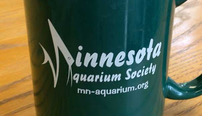 Mug with logo on the side that says innesota quarium Society with a weird shape off to the left