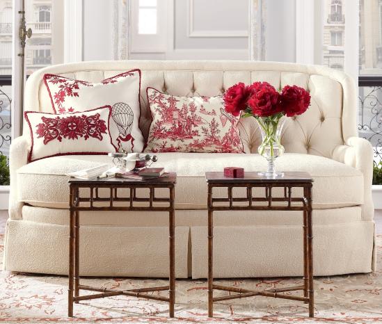 ... white sofa red and white pierre frey toile de jouy pillows red peonies