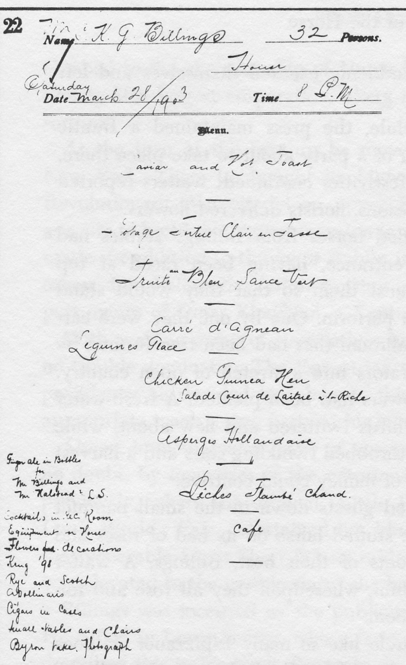 Here is a copy of the menu from the book Their Turf by Bernard Livingston. The real menus were sterling silver and shaped like a horseshoe.