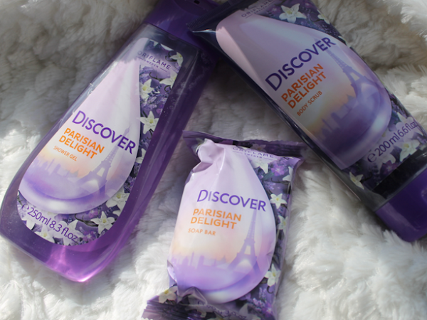 Oriflame Discover Parisian Delight shower gel, soap bar & body scrub.