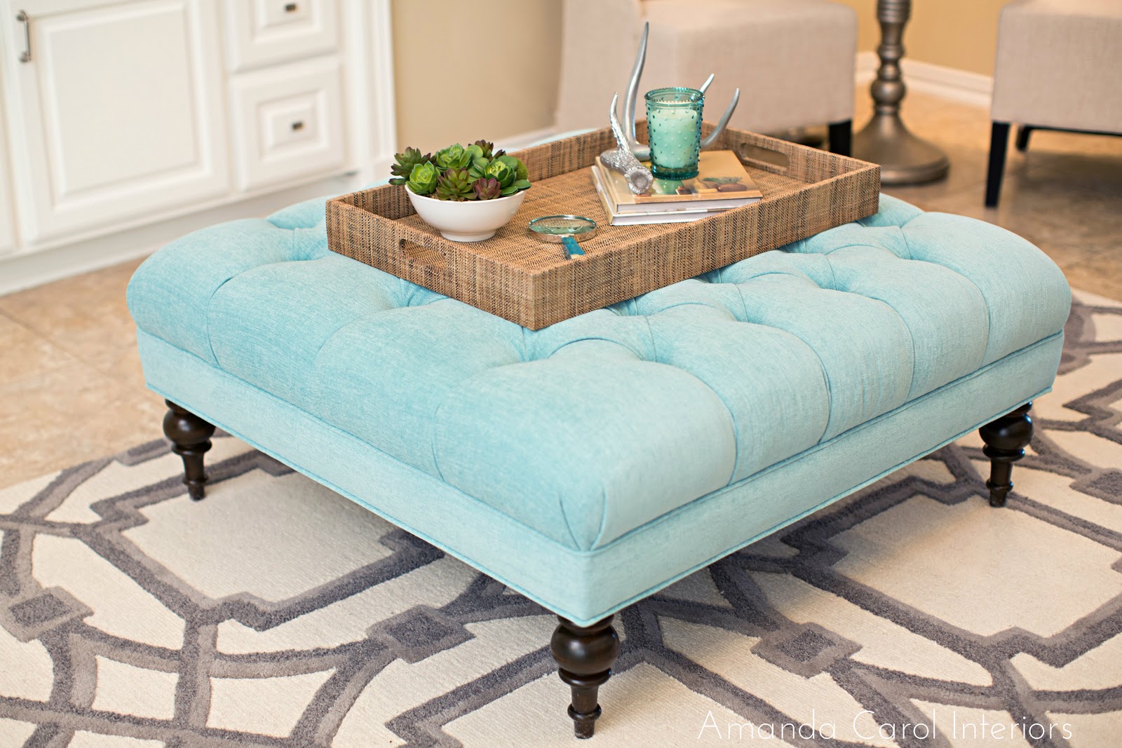 Living Room With Blue Ottoman Coffee Table