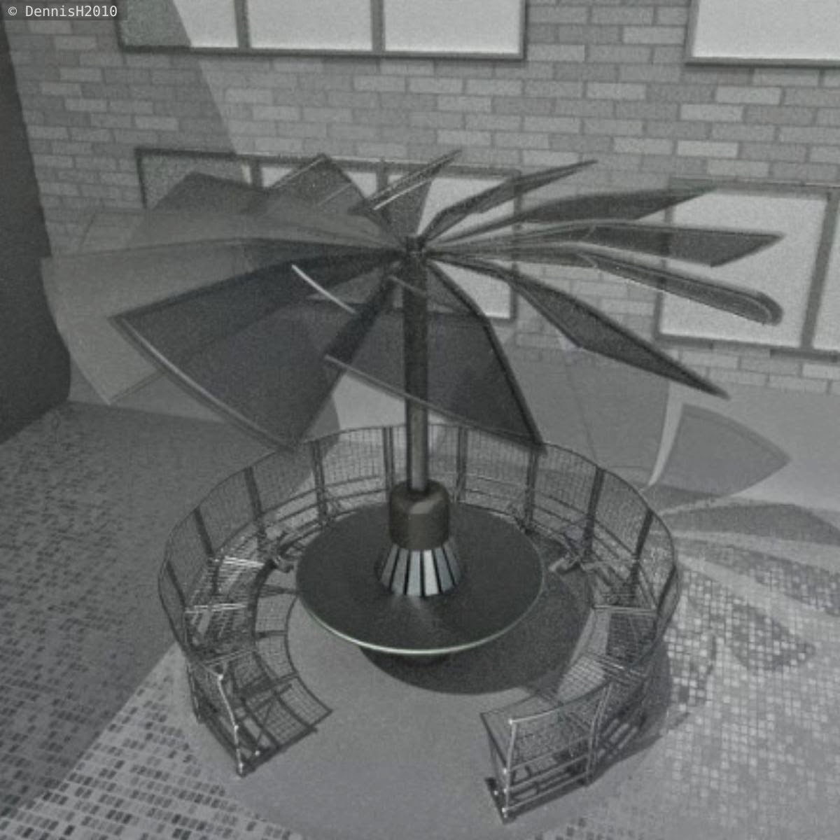  A round bench made of stainless steel with a rigged rain/sun protection by DennisH2010