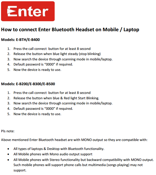 How to connect Enter Bluetooth Headset on Mobile / Laptop Tech