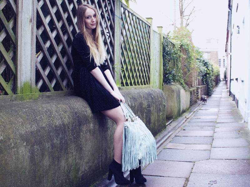 topshop black sparkly dress, brand village blue fringed bag, orelia stackable rings, marks & spencer tights, boohoo black boots.