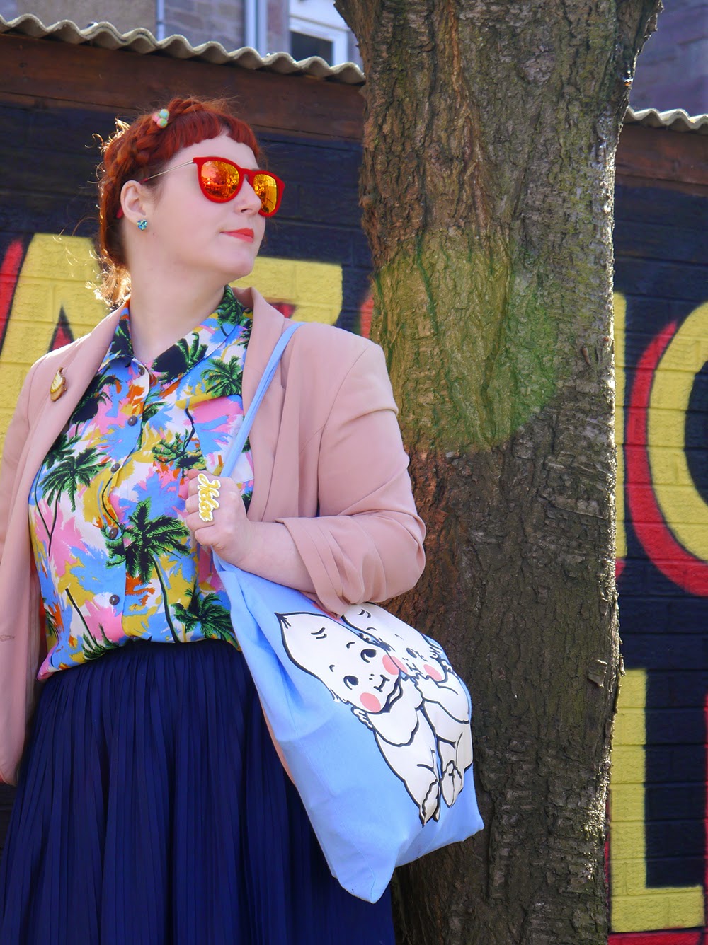 Tropical Style Scottish Blogger, Red Head, Ginger, Styled by Helen, Dundee, Amazing Spectacles, Graffiti, Tropical shirt, Luna on the Moon, Hair Slides, pom pom, Sun Glasses Shop, velvet sunglasses, rayban, Ray-Ban, Cheap Frills heart earrings, bright outfit, summer outfit, summer style, Abandon Ship, Kewpie tote bag, Rock Cakes brooch, Bonnie Bling name ring