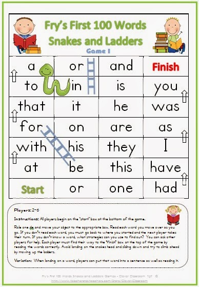 FREE PDF Fry's First 100 Words Snakes and Ladders Games x 6