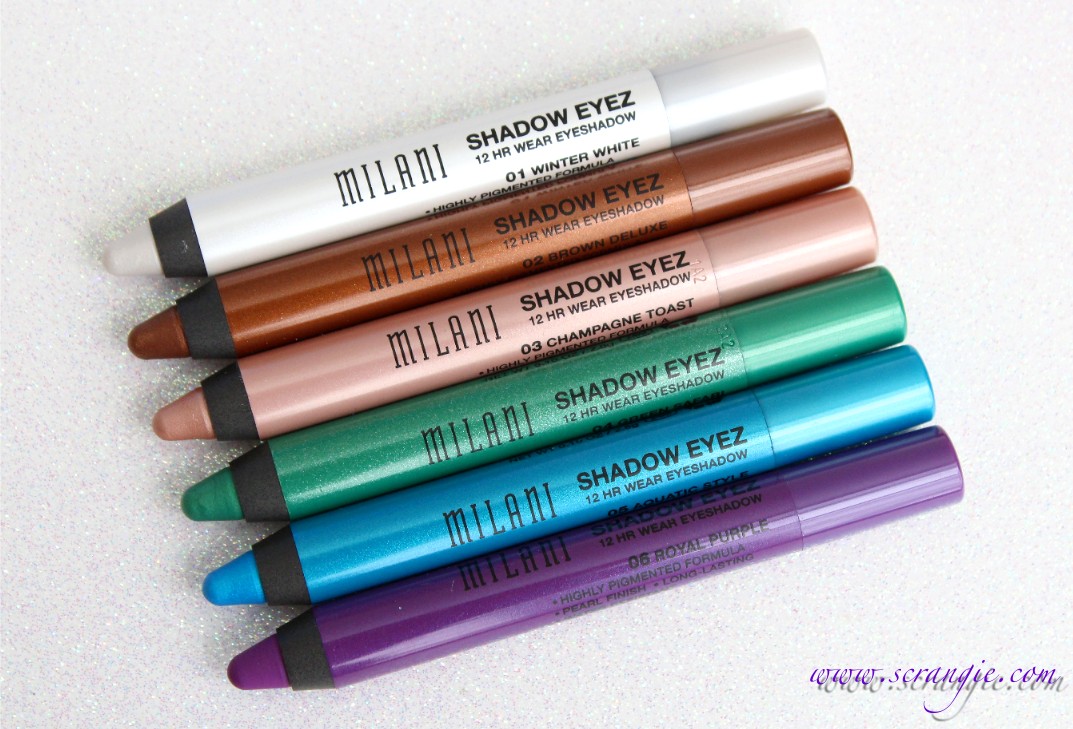 Scrangie Milani Shadow Eyez 12 Hour Wear Eyeshadow Pencils Swatches and Review