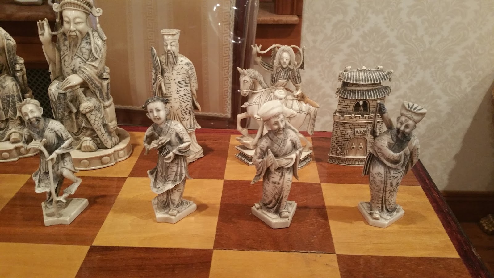 Antiques Blogger Vintage real white & tea stained ivory chess set, 30" by 30" board.