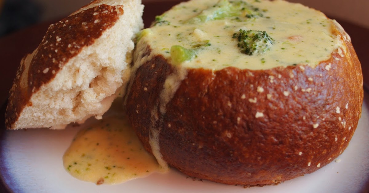 Goodness Gracious Pretzel Bread Bowls with Broccoli Cheddar Soup
