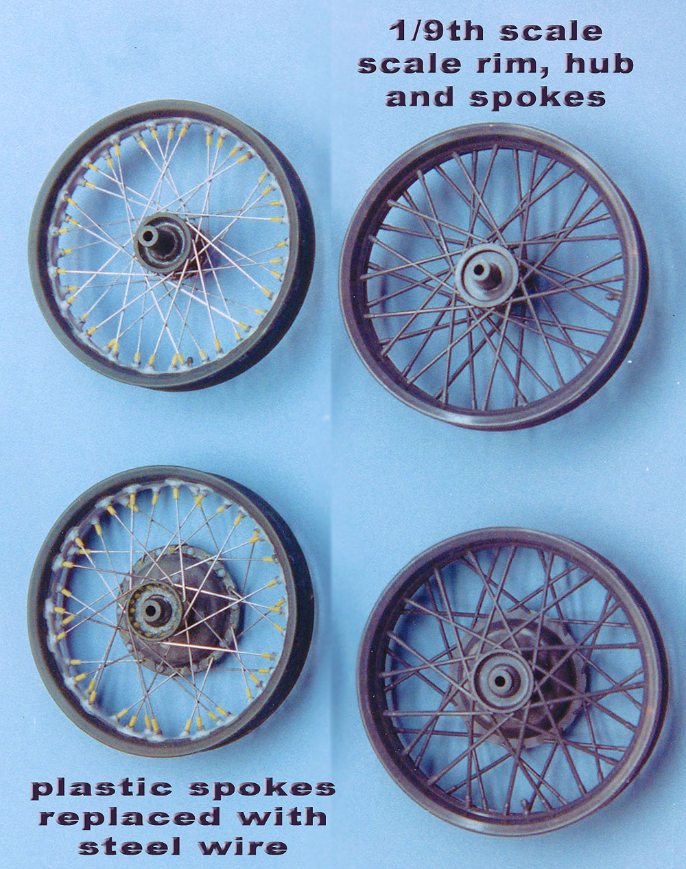 1/9th Motorcycle wheels; plastic spokes replaced with steel wire