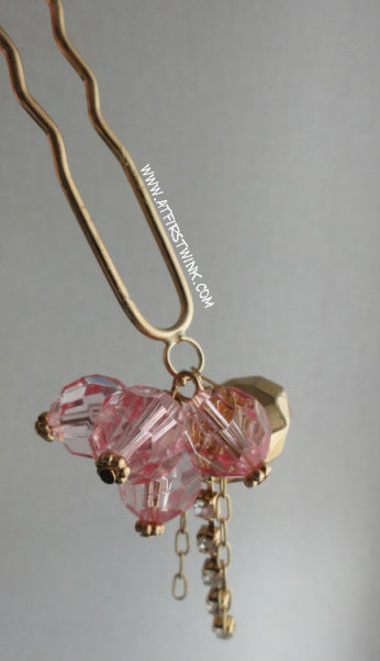 gold Japanese hairpin with pink gem stones