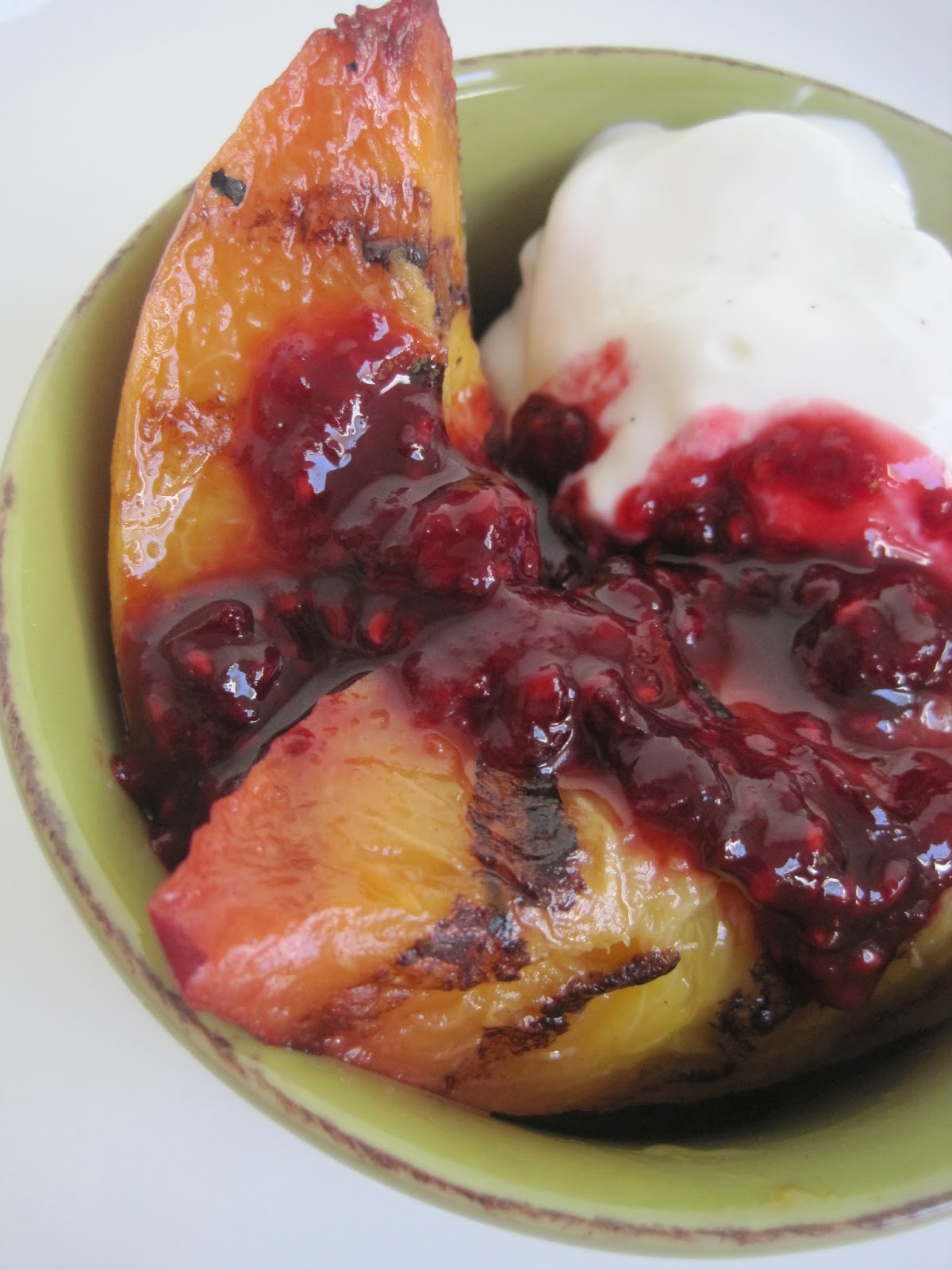 Grilled Peach Melba with Vanilla Bean Frozen Yogurt