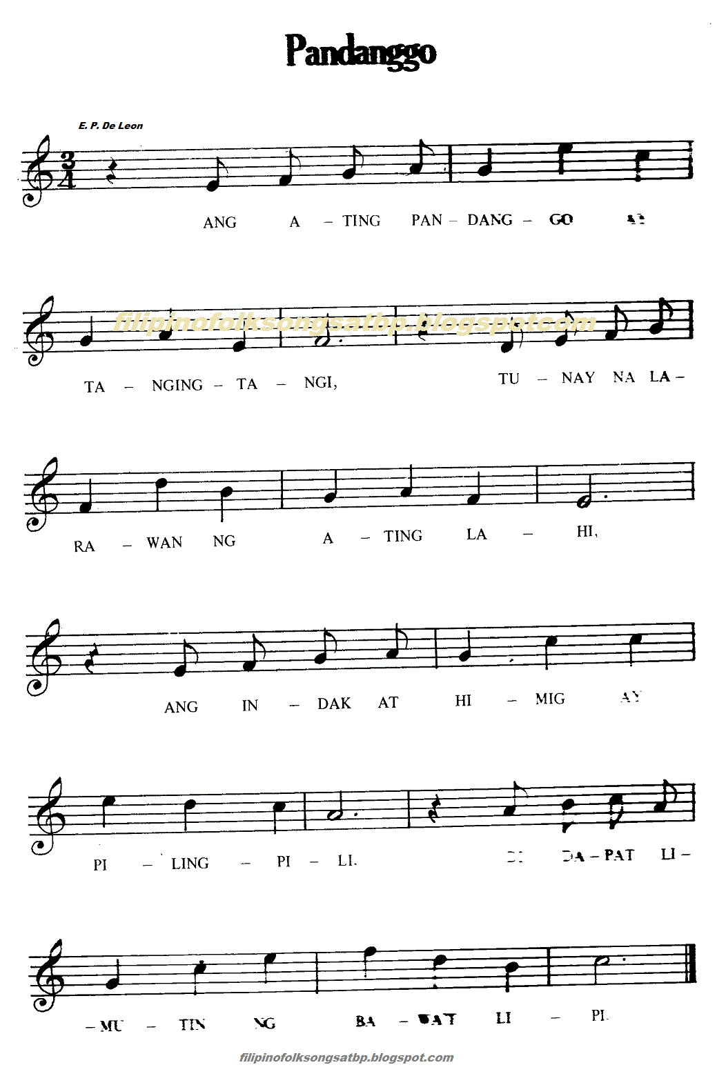 Pandanggo - Filipino Folk Song Music Notation and Lyrics