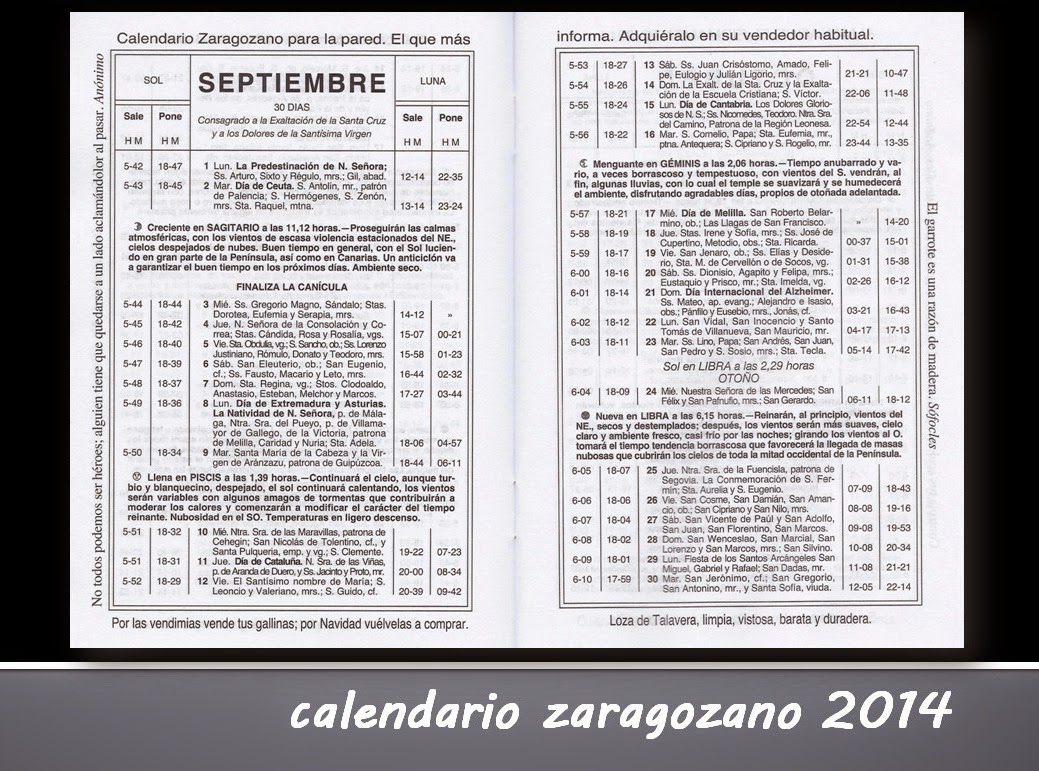territorio natural calendario zaragozano septiembre 2014 calendario septiembre 2014