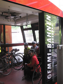 Cycles and cyclists loaded into the Gemmi-Bahnen, Leukerbad, Switzerland
