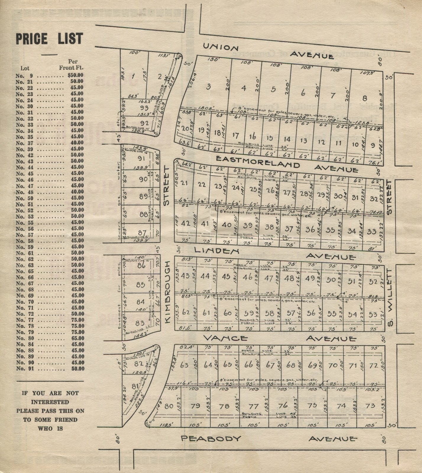 there are a few interesting points to be gleaned from this map of the subdivision that was contained in the original brochure the pricing graduation of there are a few interesting points to be gleaned from this map of the subdivision that was contained in the original brochure the pricing graduation of