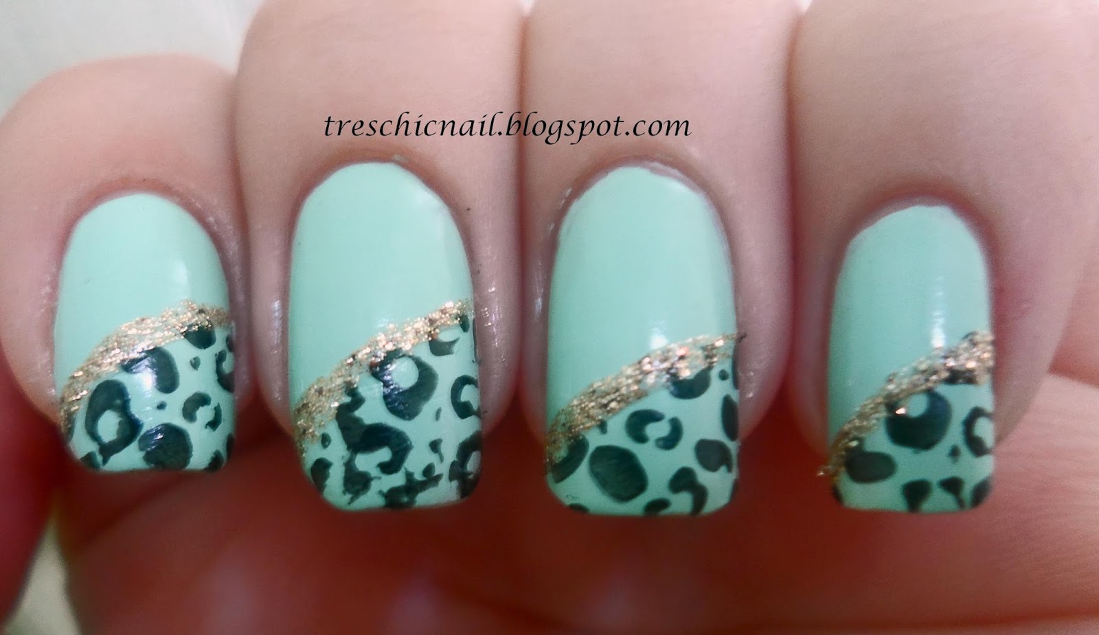 Très Chic Nail Mint Green, Leopard, and Gold Glitter Nail Art Tutorial!