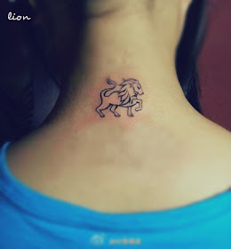 Small lion tattoo behind the neck formed by simple lines