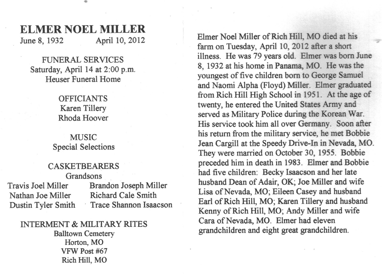 Rich Hill Missouri History Elmer Miller Obituary
